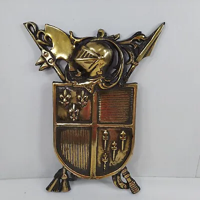 Medieval Coat Of Arms Crest Brass Metal Sword Knight FleurDeLis 1960s Japan VTG • $54.99