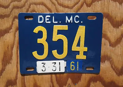 1961 Delaware MOTORCYCLE License Plate Low Digit # 354 • $199.99