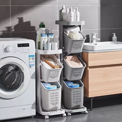 Bathroom Laundry Basket Trolley Kitchen Slim Storage Rack Sorter Cart Hamper Bin • £18.95