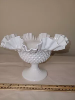 Vintage Fenton White Milk Glass Hobnail Ruffled Pedestal Serving Fruit Bowl  • $18