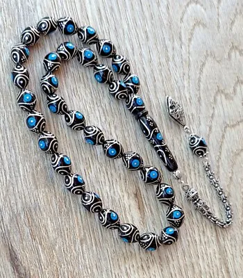 Erzurum Oltu Turquoise & 1000K Silver Inlay Prayer Beads Misbaha تسبيح Masbaha • $241.28