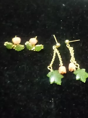 Vintage Carved Coral & Jade Earrings Two Pair • $13