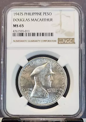 1947 S Philippines Silver 1 Peso Douglas Macarthur Ngc Ms 65 Bright Gem Bu • $139.95