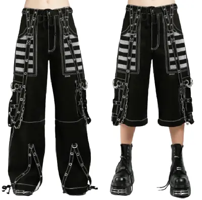 Gothic Chrome Punk Trousers Black Cotton Emo Pants With White Mesh • £54.99