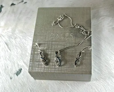 $395 • Buy Zales Diamond Necklace Earrings Blue Clear Silver Box 18 In Post Lifetime