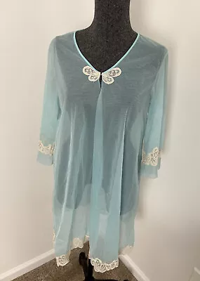 Vintage Sears Sheer Chiffon Chantilly Lace Lingerie Robe Blue Butterfly Sz 32/34 • $27.96