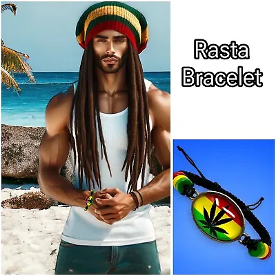 Rasta Bracelet With Marijuana Leaf Glass Charm - Adjustable Unisex Jewelry • $14.95