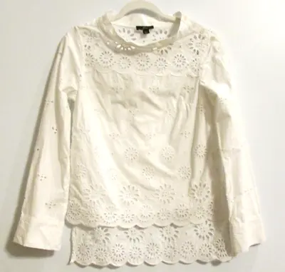 J Crew Women's Eyelet Embroidered Bees Blouse Off White Size 00 Long Sleeve • $27.20