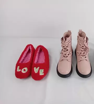 M&S Pink Vegan Leather Ankle Boots Size UK2 EU34.5 With Red Slippers New F2 • £12.99