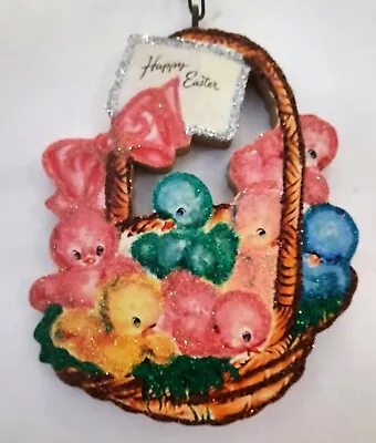 BASKET Of COLORFUL CHICKS HAPPY EASTER  * Glitter EASTER ORNAMENT * Vtg Img • $10.50