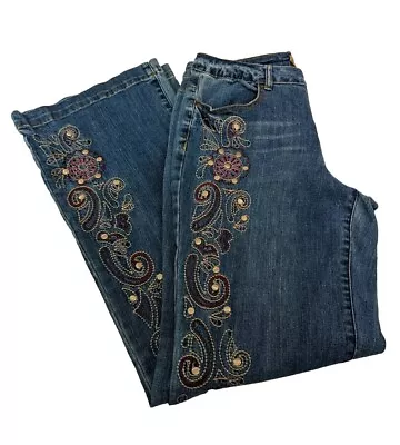 Women's Vintage Midnight Velvet Floral Embroidered Studded Denim Blue Jeans Sz 8 • $24.49