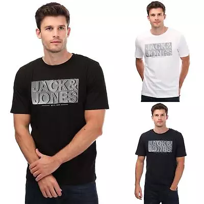 Men's T-Shirt Jack Jones Peter Crew Neck Cotton Short Sleeve In Black Blue White • £12.99