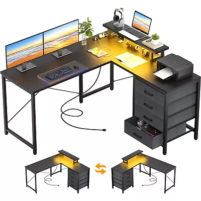 L Shaped Gaming Desk W/Power Outlets & LED Lights Home Office Desk With 4 Drawer • $109.99