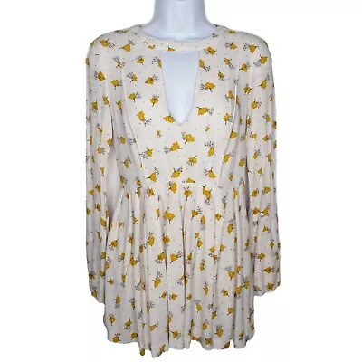 Free People Womens Cream Yellow Long Sleeve Floral Shift Tegan Mini Dress Size 0 • $28