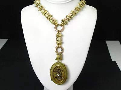 Victorian Gold Filled Pearl Locket Book Chain Mourning Necklace 56.5g I12400 • $489.30