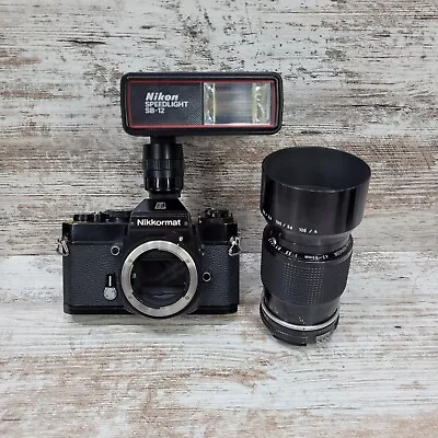 Black Nikkormat EL Nikon Japan Camera Bundle 43~86mm 1:3.5 & Hood ~  SB-12 Flash • $39.98