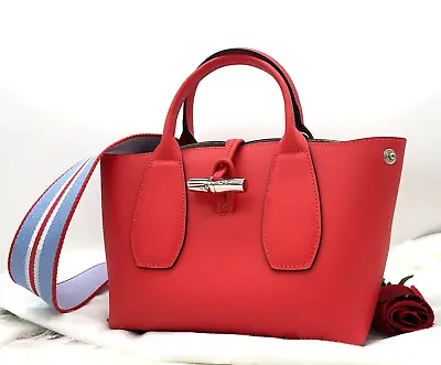 AUTH NWOT Longchamp Roseau Box Trot Leather Top Handles Tote Crossbody-Red • $389.99