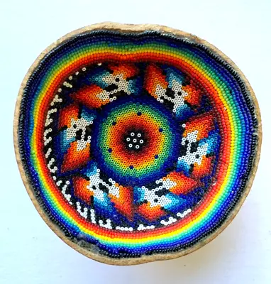 Huichol Mexican Folk Art Jicara Lined With Beads Beaded Colorful Gourd Cup Bowl • $9.95