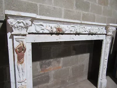 ~ Antique Carved Fireplace Mantel Nudes Angels ~ 66 X 48 49  Opening ~ Salvage • $2400