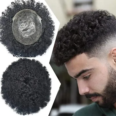 Mens Afro Toupee Hairpiece Full Poly Thin Skin Hair Replacement System Curly Wig • $149