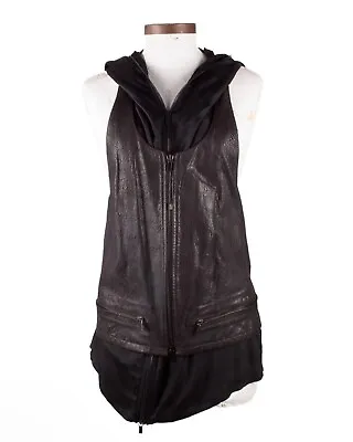 Haider Ackermann Black Leather Hooded Double Layered Zip Up Vest Jacket Size 36 • $600