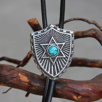 Shield Turquoise Mens Bolo Tie Wedding Necklace PU Leather Rope Western Cowboy • $17.96