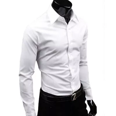 Mens Dress Casual Long Sleeve Slim Fit Work Formal Wedding Business Shirt Top • £15.19