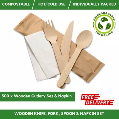 Disposable Wooden Cutlery Set With Napkin Individually Wrapped Pack Of 500 • £58.99