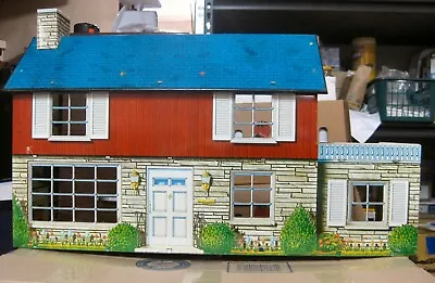 VTG 1950s Dollhouse Tin Metal Litho Colonial Doll House 2 Levels With Furniture • $180.99