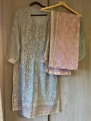 Zarif Pakistani Brand Stitched 3 Piece Chiffon Suit Net Dupatta Light Blue Pink • £45