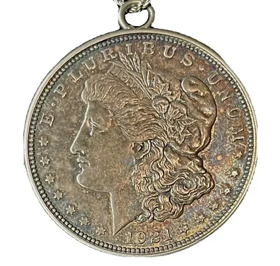 1921 D Morgan Silver Dollar High Grade Toned Coin Encased W/ Silver Bezel • $99
