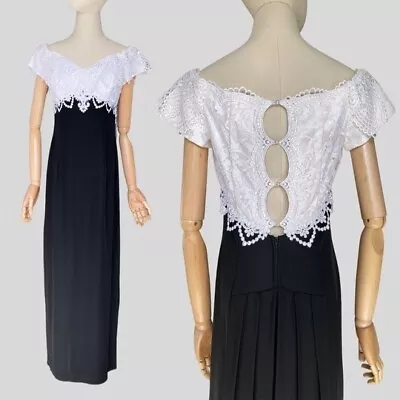 Vintage 1990s 90s Scott McClintok Dress Empire Waist Black White Lace Party Prom • $62