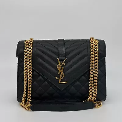 Saint Laurent YSL Medium Monogram Envelope Bag In Black With Gold Hardware • £1495