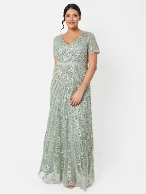Maya Sage Green Short Sleeve Stripe Embellished Maxi Dress • $167.85