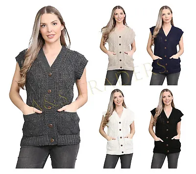 £14.99 • Buy Womens Sleeveless Button Cable Knitted Grandad Cardigan Ladies Waistcoat Sweater