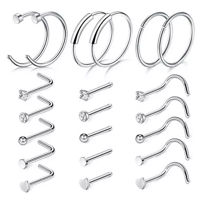 21× Surgical Steel CZ Bone L Screw Shaped Studs Nose Hoop Ring Piercing Set 20G • $8.99