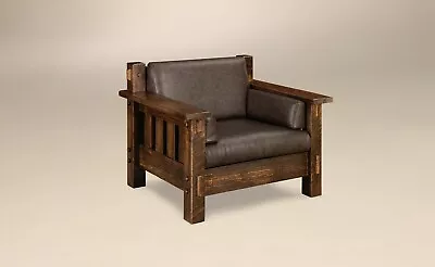 Amish Mission Rustic Accent Chair Rough Sawn Solid Wood Slat Tenon Leather • $2475