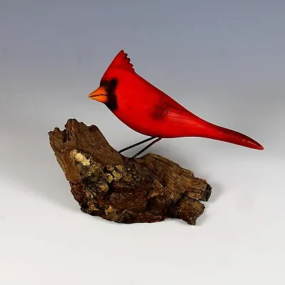 $155 • Buy Vintage Signed Folk Art Hand Carved Wood Bird Cardinal With Glass Eyes