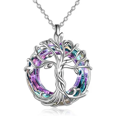 Celtic Tree Of Life Purple Blue Crystal Round Pendant Charm Necklace Gift • £4.95