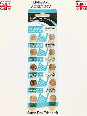 10x Ag13 Lr44 Sr44 L1154 357 A76 Alkaline Button Coin Cells Batteries Suncom Uk • £1.95