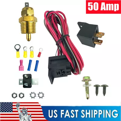 Complete 12V Electric Fan Wiring Harness Kit Relay 50AMP Thermostat 185° For Car • $35.09