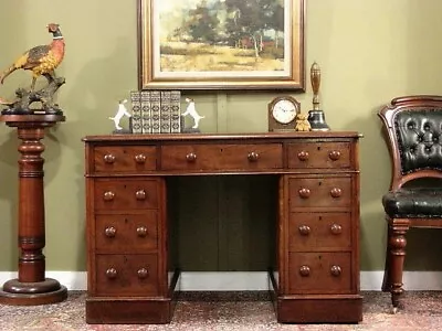 ANTIQUE MAHOGANY + LEATHER 9 DRAWER DESK / WRITING TABLE ~ ORIGINAL PATINA C1880 • $950