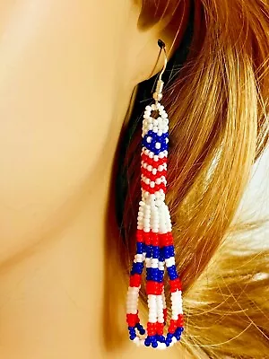 Native Style Handmade Patriotic Red White Blue Beaded Flag Color Earrings E61/17 • $11.99