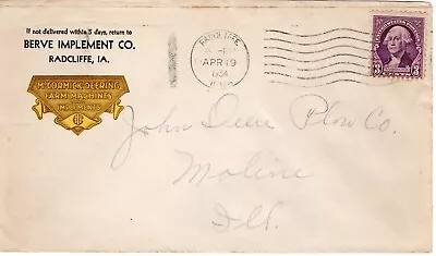 McCormick Deering Ad Envelope Berve Implement Radcliffe Iowa 1932 Posted • $20