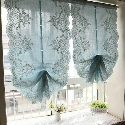 Tie Blinds Embroidered Lace Swags Door Curtain Decor Pelmet Valance Blue Floral • £38.58