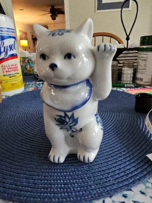 $9.99 • Buy  Andrea By Sadek Blue & White Floral Porcelain  Waving Good Luck Cat Kitten 