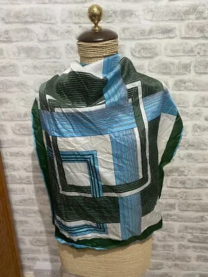 Vintage Japanese Acetate Scarf Geo Blue Green Square   S665 • £2.99