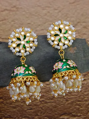 Indian Designer Meenakari Gold Plated Blue Kundan Jhumka Pearl Women Earrings • $12.99