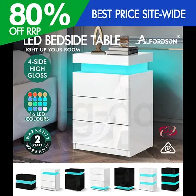 ALFORDSON Bedside Table RGB LED Nightstand 2/3 Drawers 4 Side High Gloss • $104.95