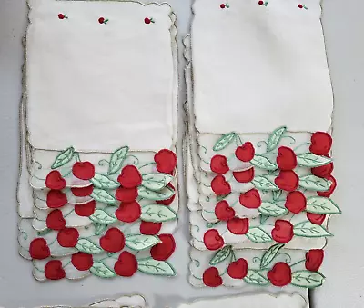 10 Plus Vintage Madeira Cocktail Napkins Applique Embroidered Cherries Leaves ZH • $115